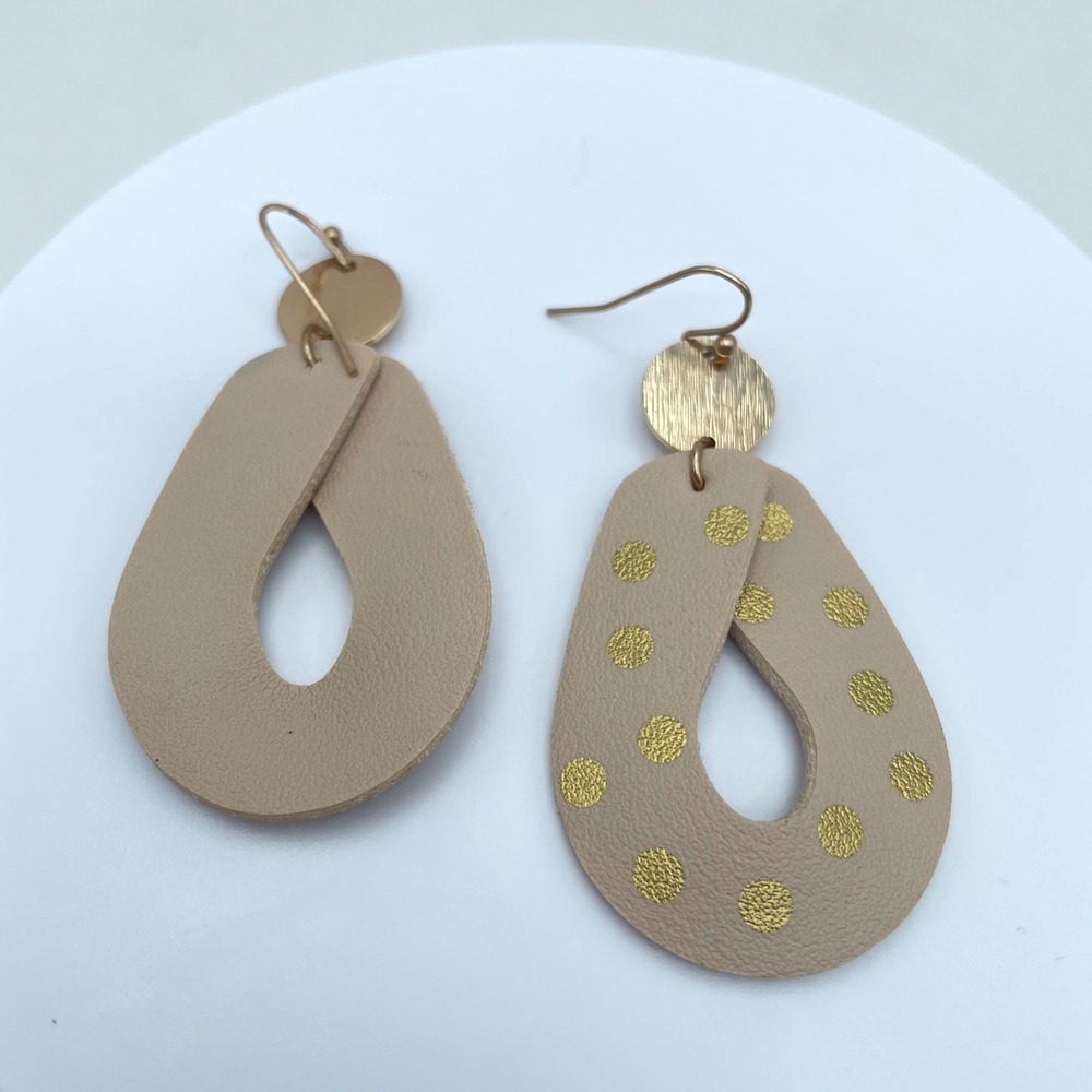 Boho-Chic Gold-Tone Polka Dots Tan Leather Teardrop Dangle French Hook Earrings